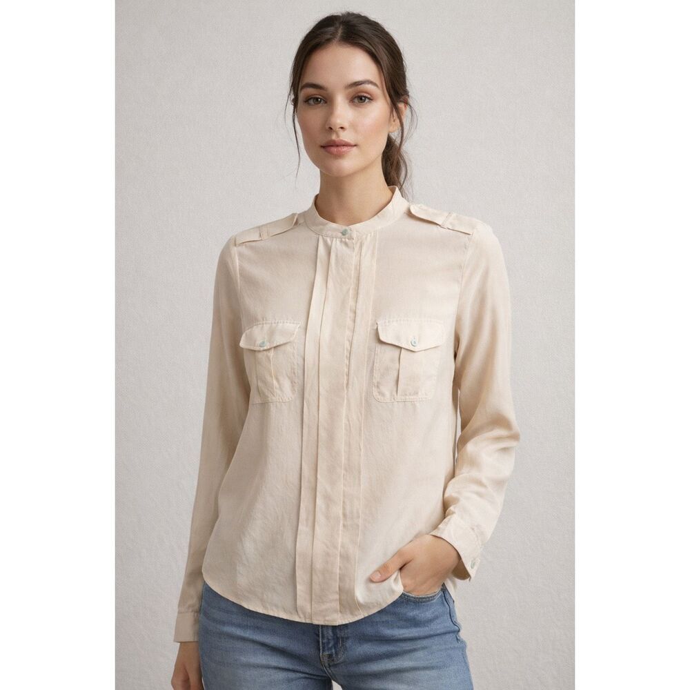 Shanghai Tang Silk Utility Blouse Cream Epaulet Pockets Womens 8